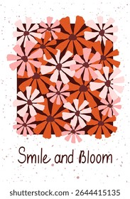Hand drawn floral poster with pink and orange abstract daisies and playful text Smile and Bloom. Fun retro-inspired flower illustration for kids, wall art, or print.

