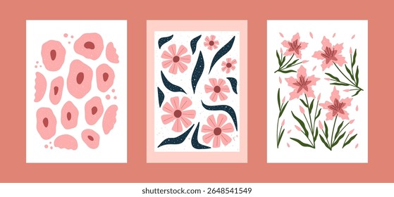 Hand drawn floral posters in minimal style. Modern flower wall art with simple pink blooms and green leaves. Cute botanical design for print, card, and decor.