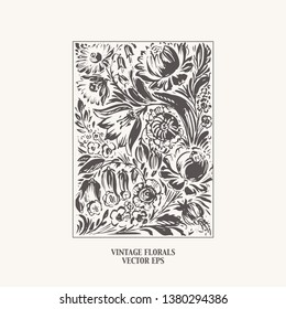 Hand drawn floral rectangle background with rose, daisy, poppy, berries, fox glove flower, leaves in black ink. Decorative art flowers ornament vintage style for labels and cards.