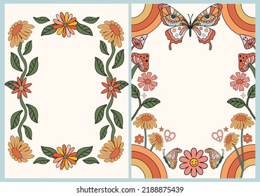 Hand drawn floral retro background for Posters Wall art, Invites and cards. Trendy 60s 70s themed groovy cute print template.