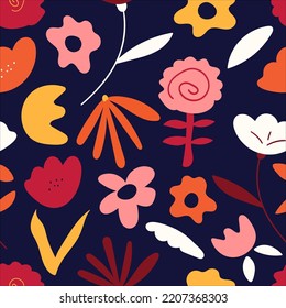 Hand drawn floral retro print for fabric, wallpaper, packaging, wrapping paper, web banner and social media. Colorful vintage seamless pattern design. Modern flowers vector background.