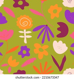 Hand drawn floral retro print for fabric, wallpaper, packaging, wrapping paper, web banner and social media. Colorful vintage seamless pattern design. Modern flowers vector background.