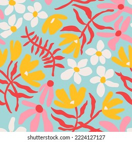 Hand drawn floral retro print for fabric, wallpaper, packaging, wrapping paper, web banner and social media. Modern groovy flowers, vector background. Vintage botanical seamless pattern.