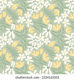 Hand drawn floral retro print for fabric, wallpaper, packaging, wrapping paper, web banner and social media. Modern groovy flowers, vector background. Vintage botanical seamless pattern.