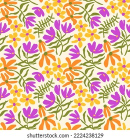 Hand drawn floral retro print for fabric, wallpaper, packaging, wrapping paper, web banner and social media. Modern groovy flowers, vector background. Vintage botanical seamless pattern.