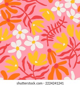 Hand drawn floral retro print for fabric, wallpaper, packaging, wrapping paper, web banner and social media. Modern groovy flowers, vector background. Vintage botanical seamless pattern.