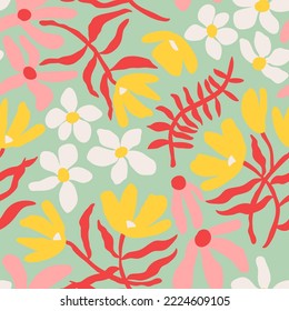 Hand drawn floral retro print for fabric, wallpaper, packaging, wrapping paper, web banner and social media. Modern groovy flowers, vector background. Vintage botanical seamless pattern.