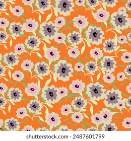 Hand drawn floral retro print for fabric, wallpaper, packaging, wrapping paper, web banner and social media. Modern groovy flowers, vector background. Vintage botanical seamless pattern