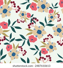 Hand drawn floral retro print for fabric, wallpaper, packaging, wrapping paper, web banner and social media. Modern groovy flowers, vector background. Vintage botanical seamless pattern