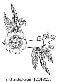 Hand drawn floral ribbon with peony and feathers with space for text isolated on white. Doodle design element for wedding, invitation, save the date, greeting cards.