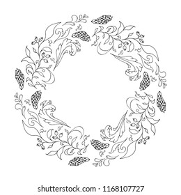 Hand drawn floral round frame. Vector. Isolated. Fancy design wreath.