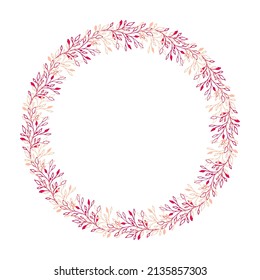 Marco redondo floral dibujado a mano. Corona botánica rosa sobre fondo blanco.