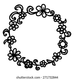 Hand drawn floral round frame. Vector illustration.