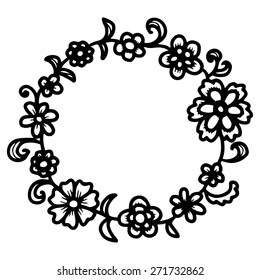 Hand drawn floral round frame. Vector illustration.