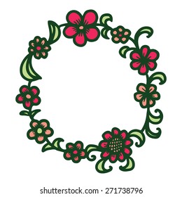 Hand drawn floral round frame. Vector illustration.