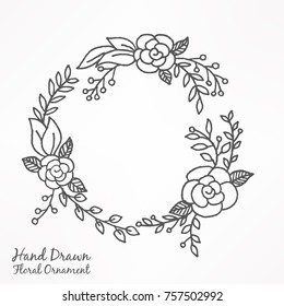 Hand drawn floral round frame. Floral wreath with leaves and flower. vector Illustration