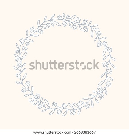 Hand drawn floral round frame with a charming whimsical cottage core design. Soft blue, pastel, and nostalgic, perfect for textiles, wallpaper, wrapping paper, and romantic vintage-inspired decor.