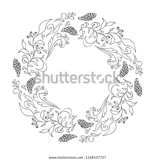 Hand drawn floral round frame. Vector. Isolated.\
Fancy design wreath.
