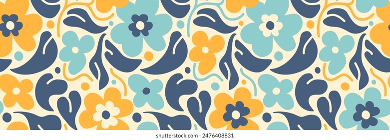 Hand drawn floral seamless background. Limited color palette. Vintage rustic wallpaper. Simple abstract flowers and leaves. Nature aesthetic print. Muted color palette