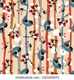 Hand Drawn Floral Seamless with birds. Pattern on subtle background. Vector Illustration