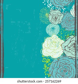 Hand drawn  floral seamless border in turquoise . All objects are conveniently grouped  and are easily editable.