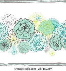 Hand drawn  floral seamless border in motton blue . All objects are conveniently grouped  and are easily editable.