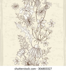 Hand drawn floral seamless border. All elements of composition located on separate layers and can be easy editable