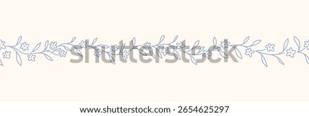 Hand drawn floral seamless border with a charming whimsical cottage core design. Soft blue, pastel, and nostalgic, perfect for textiles, wallpaper, wrapping paper, and romantic vintage-inspired decor.