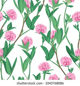 Hand drawn floral seamless pattern with red clover isolated on white. Cute pink flowers. Summer concept. Design element for textile, fabrics, scrapbooking, wallpaper and etc. Vector illustration.