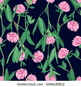 Hand drawn floral seamless pattern with red clover. Cute pink flowers. Summer concept. Design element for textile, fabrics, scrapbooking, wallpaper and etc. Vector illustration.