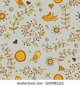 hand drawn floral seamless pattern with birds