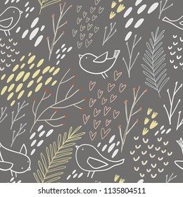 Hand drawn floral seamless pattern with birds