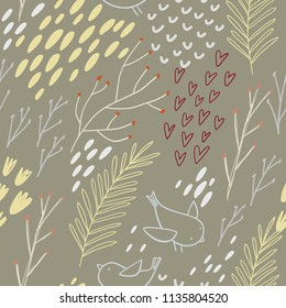 Hand drawn floral seamless pattern with birds