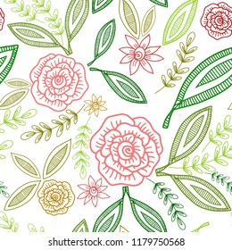 hand drawn floral seamless pattern, green, pink pastel colours