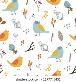 Hand drawn floral seamless pattern with birds