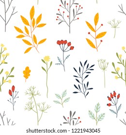 Hand drawn floral seamless pattern with different tree branches and berries.  Seasonal background. Vector illustration 