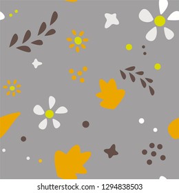 Hand drawn floral seamless pattern. White and yellow flowers, brown leaves and berries on grey background. Vector pattern for textile, fabric, posters.