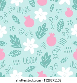 Hand drawn floral seamless pattern with flowers and pomegranate. Scandinavian style. Vector illustration on green background