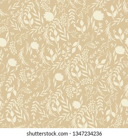 Hand Drawn Floral Seamless Pattern. Beige Flower Pattern for Fabric, Textile, Wrapping Paper, Wallpaper, Packing design. Wildflower texture.