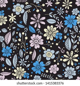 Hand drawn floral seamless pattern, block-printed flowers, leaves and berries, grunge texture.