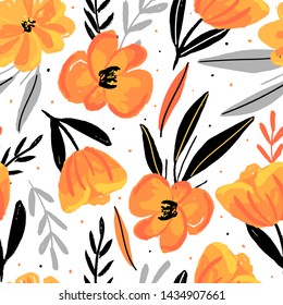 Hand drawn floral seamless pattern for print, textile, fabric. Modern background with stylized flowers.