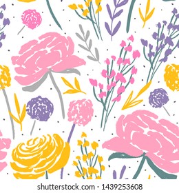 Hand drawn floral seamless pattern for print, textile, fabric. Modern background with stylized flowers.