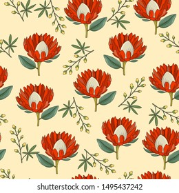 hand drawn floral seamless pattern with australia red protea and small wild flower