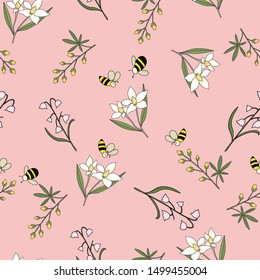 hand drawn floral seamless pattern with small wild flower and bees