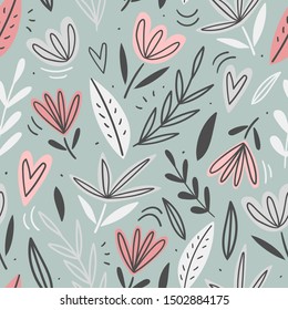 Hand drawn floral seamless pattern for print, textile, fabric. Modern flowers illustration background.