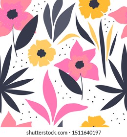 Hand drawn floral seamless pattern for print, textile, wallpaper.  Kids cute floral background. 