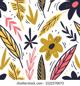 Hand drawn floral seamless pattern for print, textile, fabric. Modern flowers illustration background.