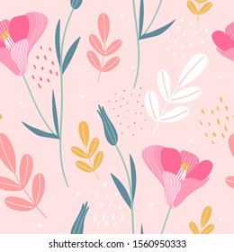 Hand drawn floral seamless pattern for print, textile, fabric. Modern flowers cute background.