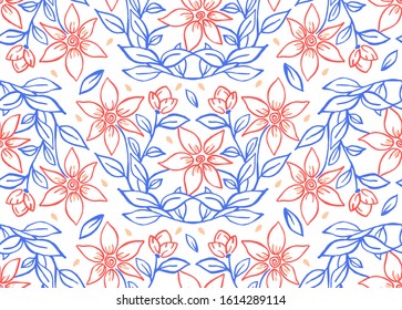 Hand drawn floral seamless pattern. vector background with red flowers on blue stems with leaves