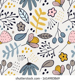 Hand drawn floral seamless pattern illustration with leaves, flowers, herbs. Wild flowers illustration. Pattern for fashion, fabric, texture, print, wedding invitation. - Vector